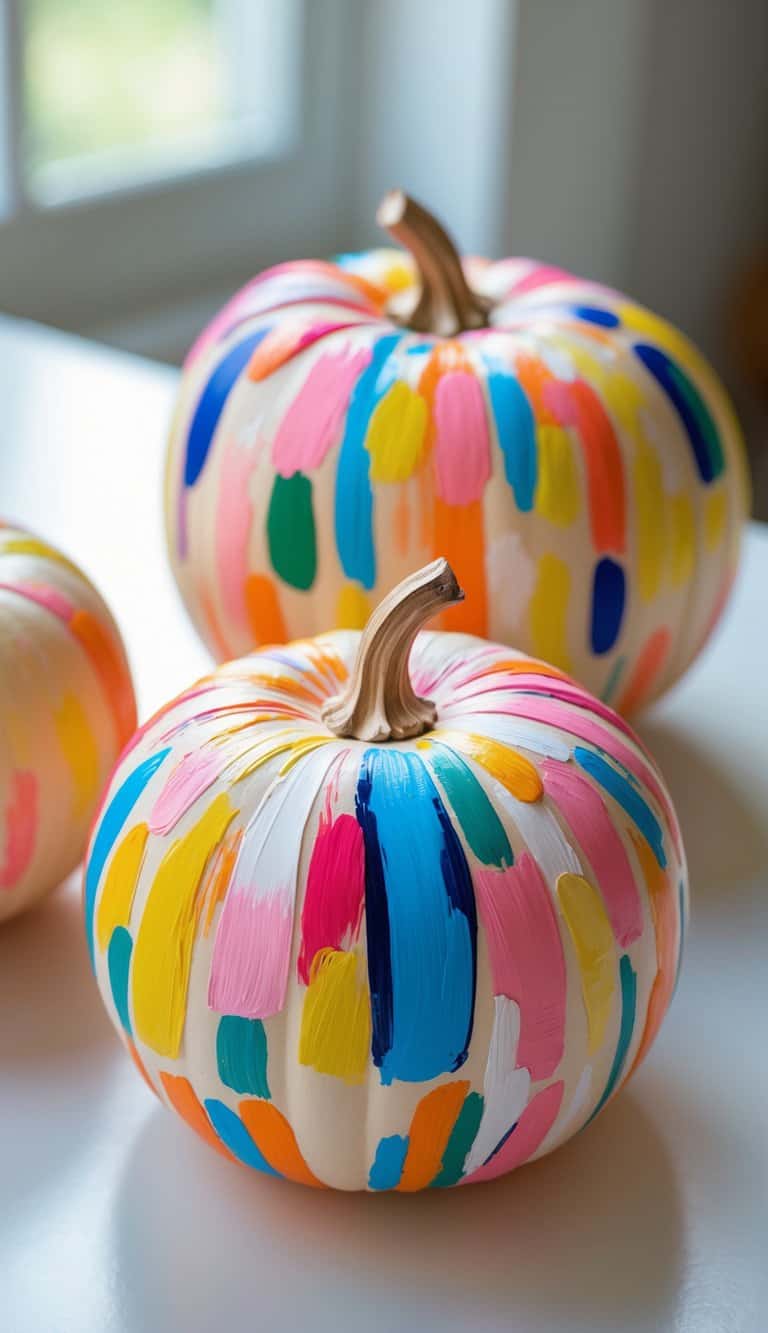 Close-up of one to two pumpkins painted with colorful abstract brushstroke designs on a tabletop.