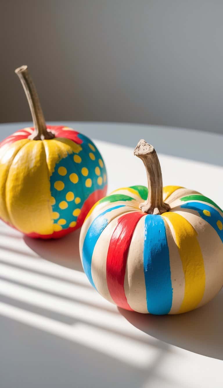 Close-up of one to two painted pumpkins on a tabletop, decorated with colorful polka dots and stripes.