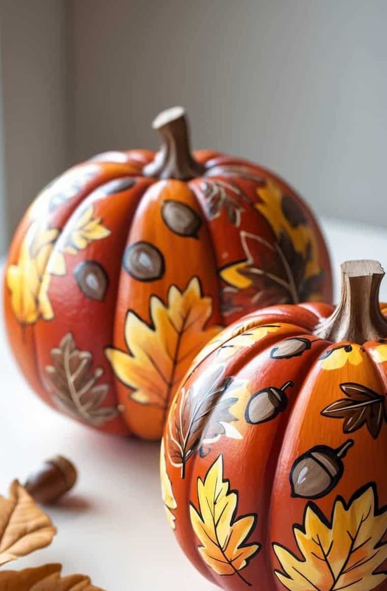 Two orange pumpkins decorated with painted acorns and autumn leaves sit on a white surface, with artificial leaves and acorns nearby.