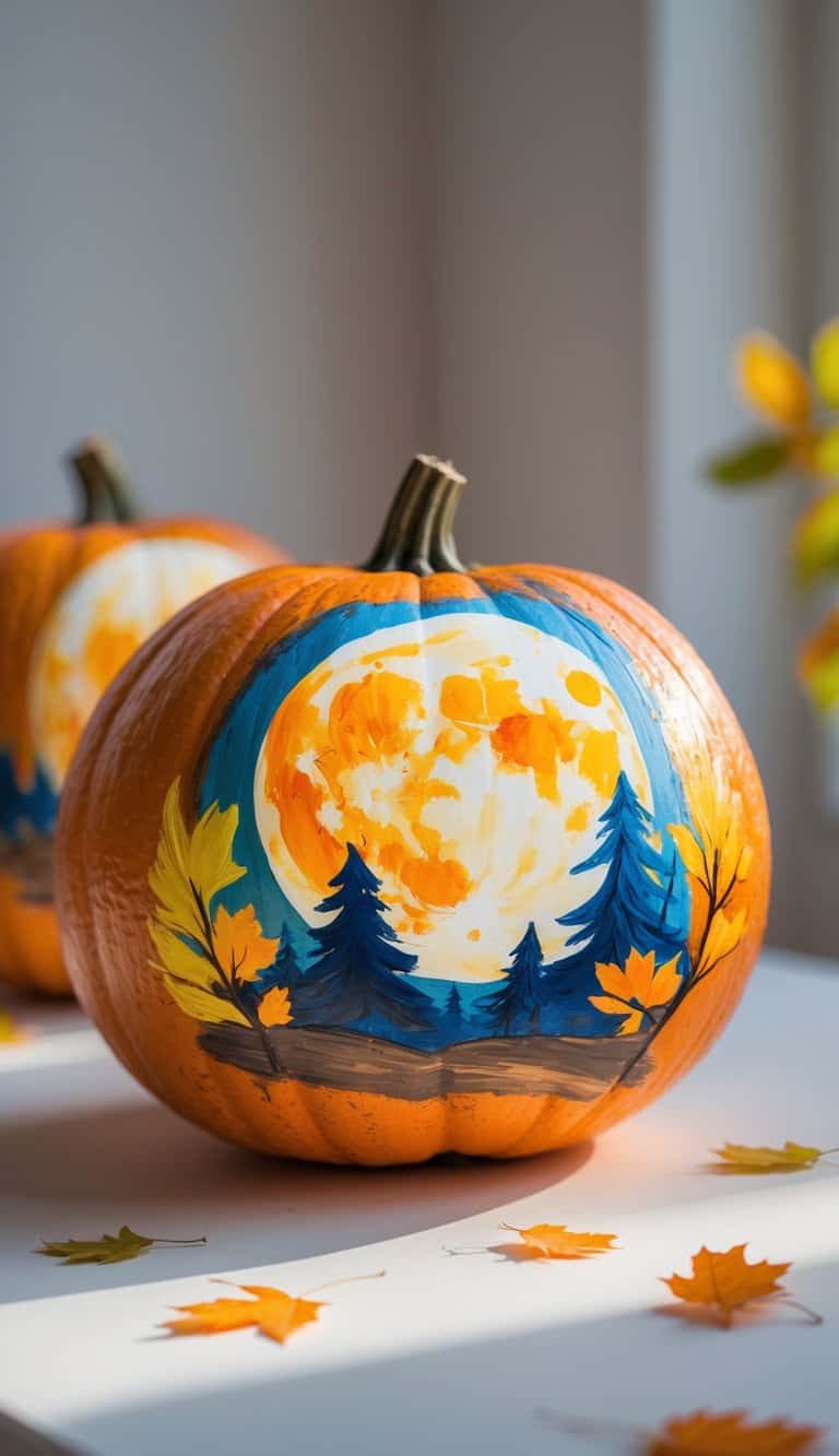 Close-up of one to two pumpkins painted with a colorful harvest moon scene, placed on a tabletop.
