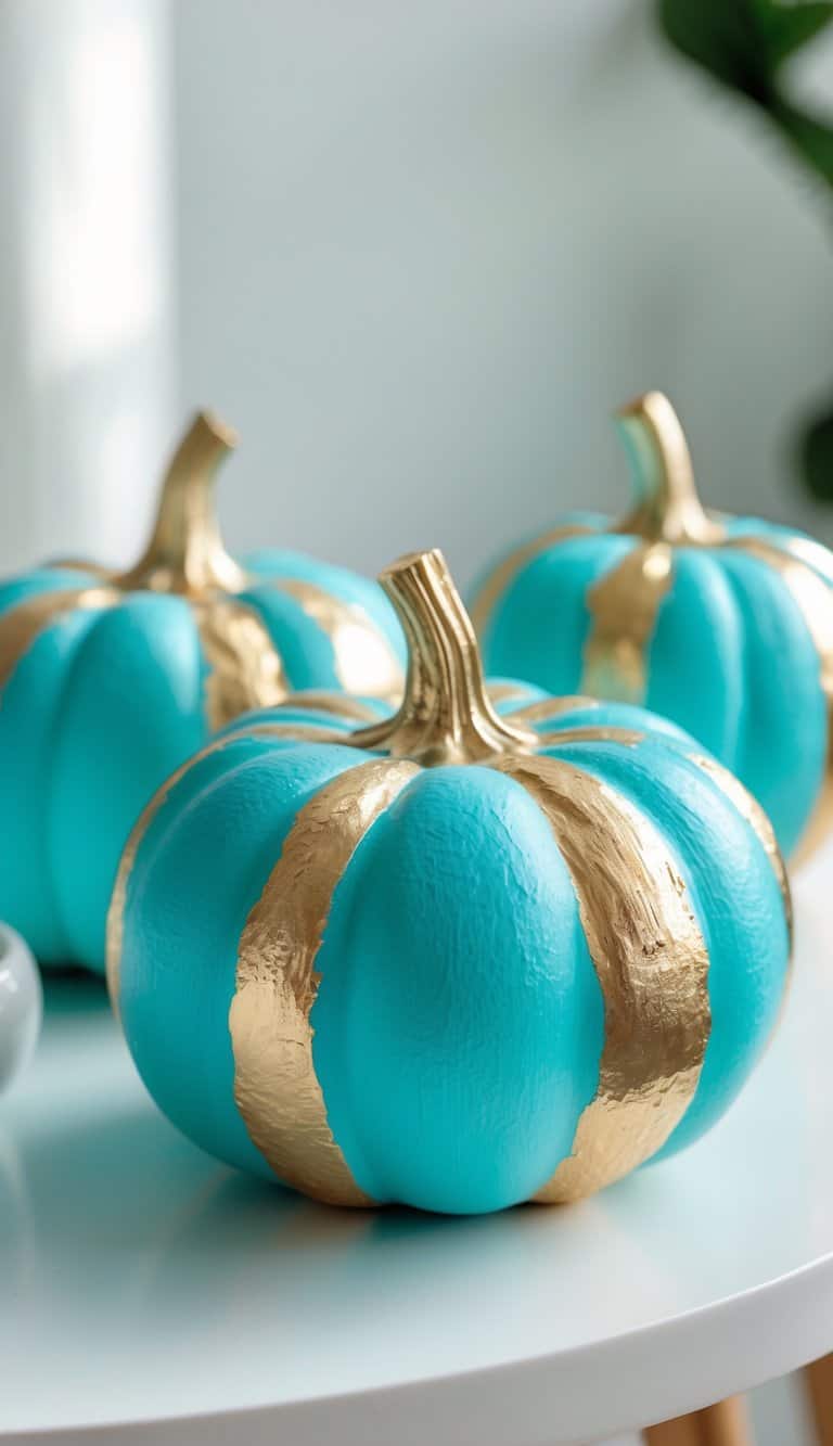 One to two turquoise pumpkins with gold accents on a clean tabletop, brightly lit by soft daylight.