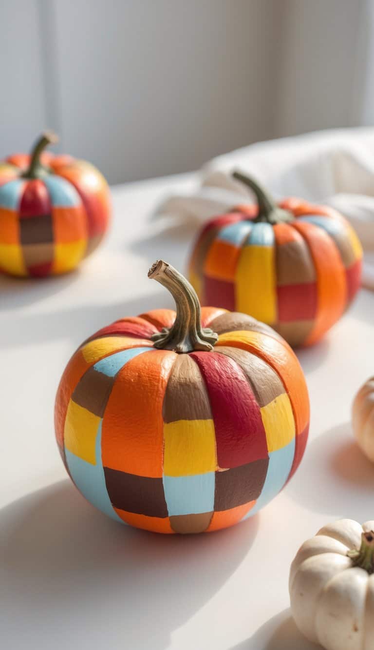 Several pumpkins feature a colorful checkerboard pattern with orange, yellow, red, blue, and brown squares, arranged on a white surface with natural light.