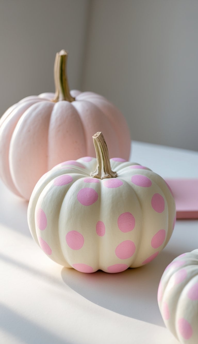 One to two pastel pumpkins with soft pink polka dots on a clean tabletop under soft daylight.