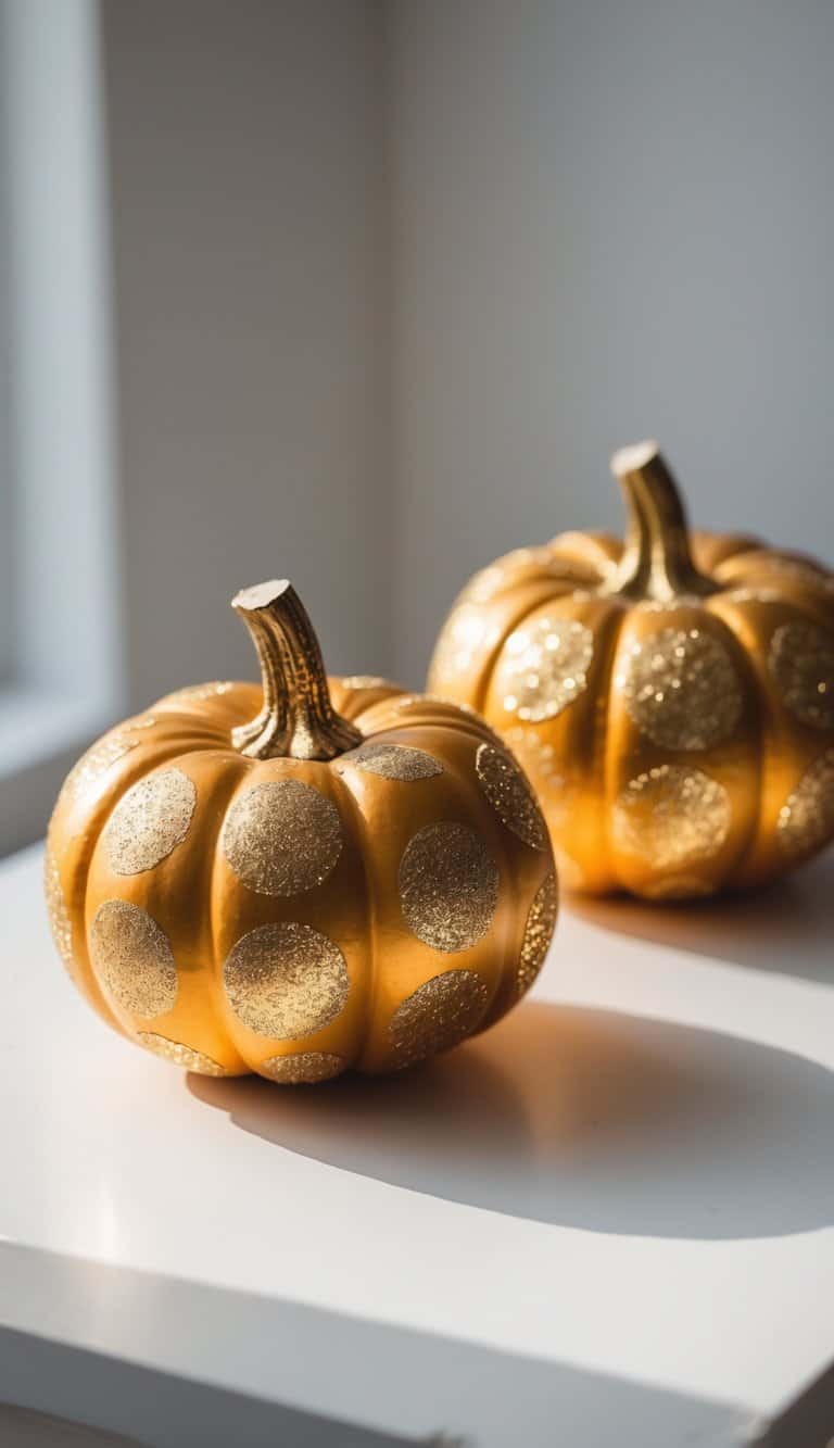 One to two pumpkins painted with gold glitter polka dots and stripes on a clean tabletop under soft daylight.