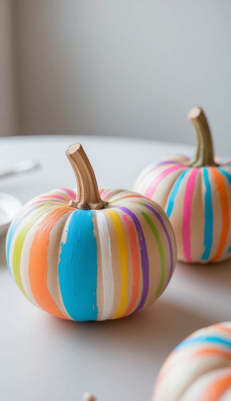 One or two small pumpkins painted with colorful dots and stripes on a tabletop with soft natural light.