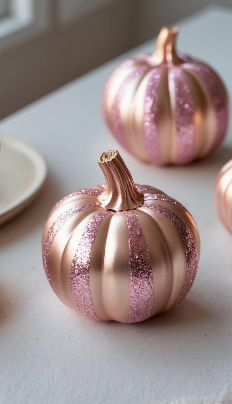 Close-up of one to two small pumpkins painted with metallic rose gold paint and glitter accents on a tabletop.