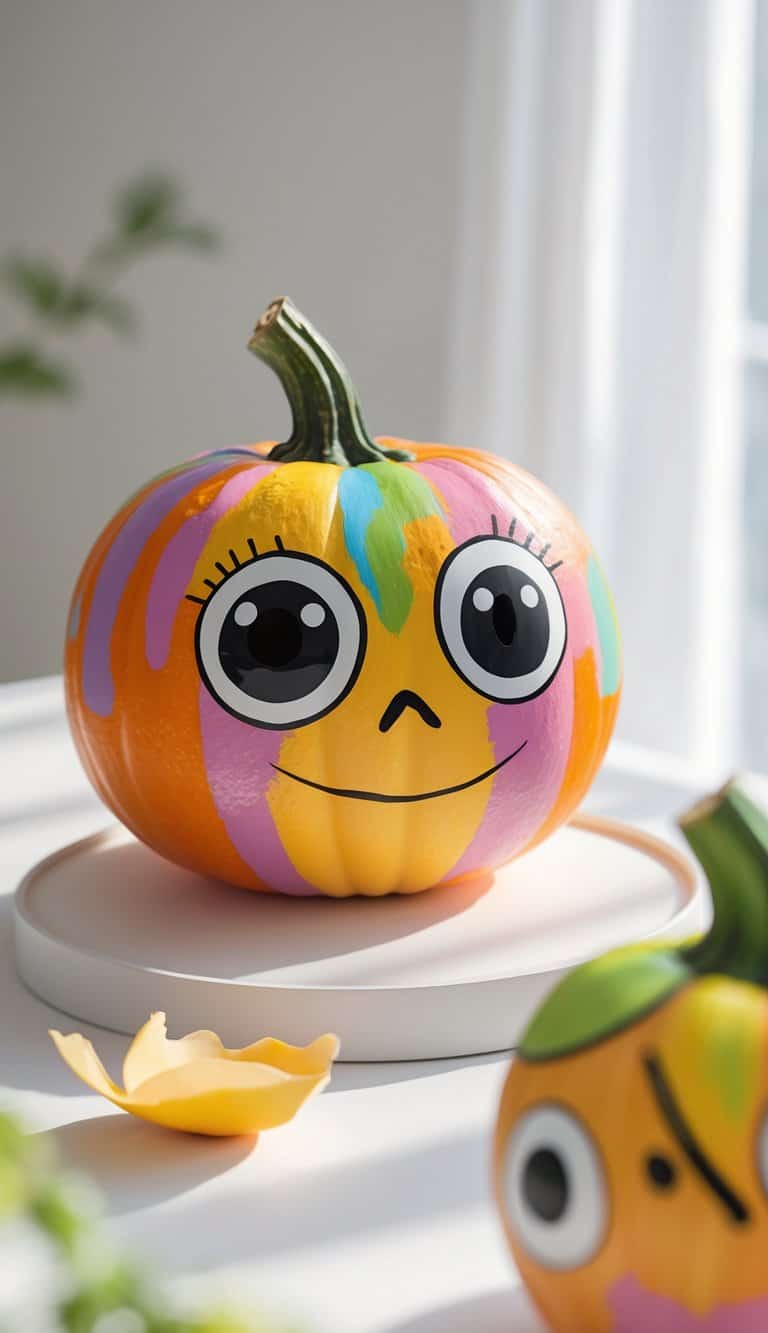 One or two painted pumpkins with cute faces and big eyes displayed on a table.