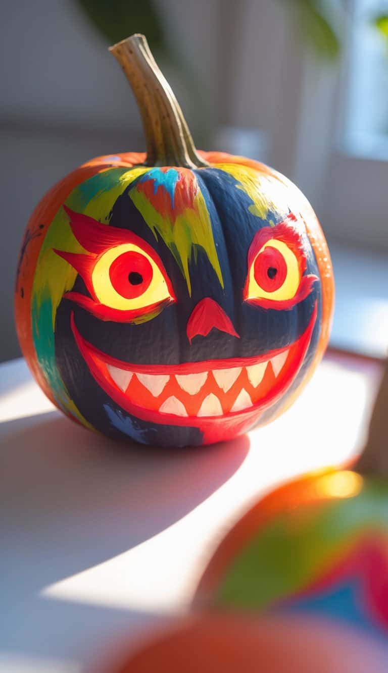 One to two painted pumpkins with red glowing eyes on a clean tabletop, brightly colored and detailed.