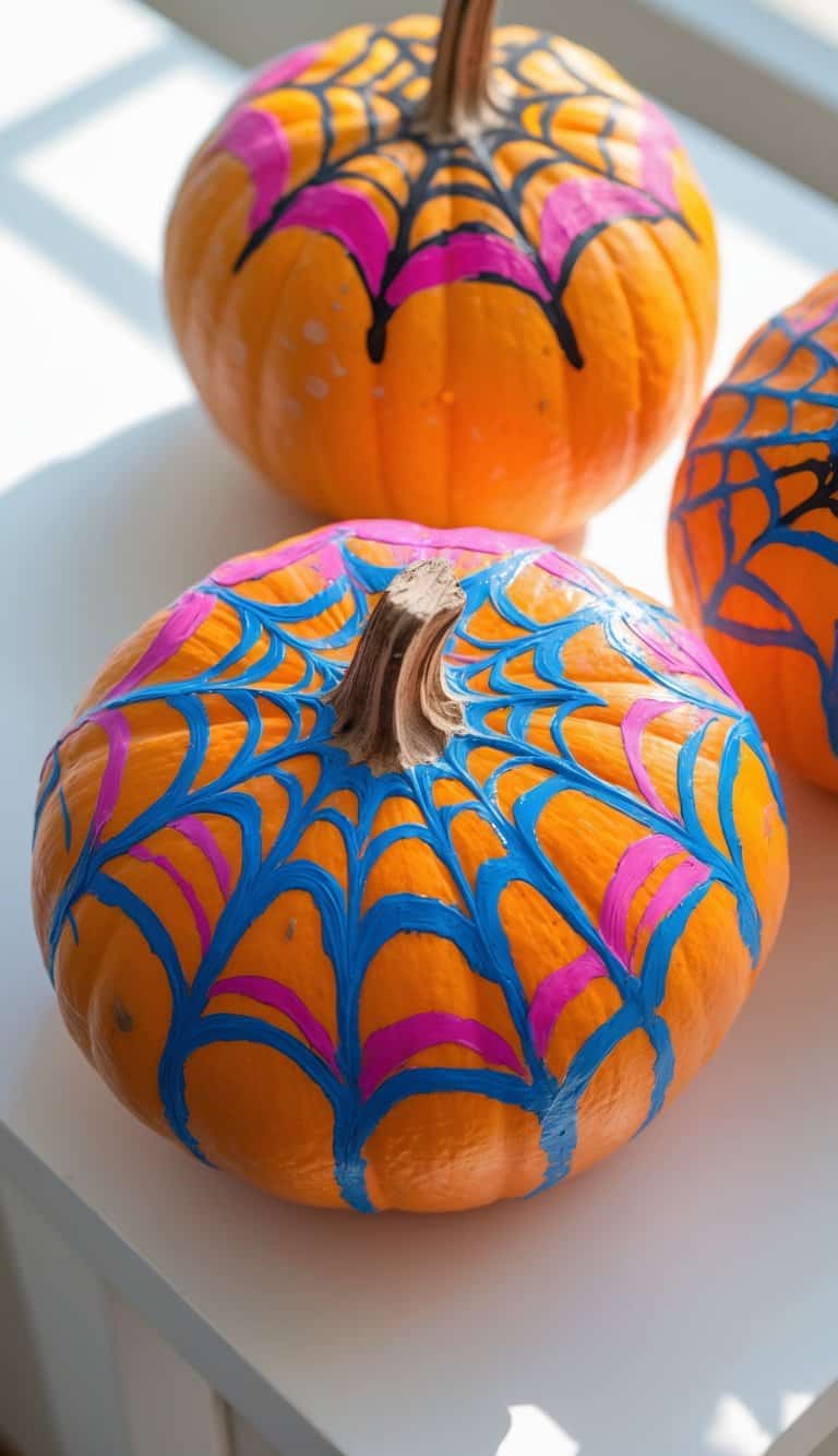One or two pumpkins painted with colorful spider web patterns placed on a clean tabletop under soft daylight.