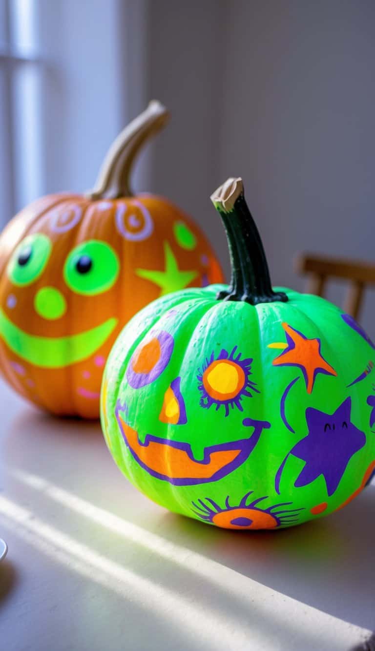 Close-up of one or two brightly painted pumpkins with playful Halloween designs on a tabletop.