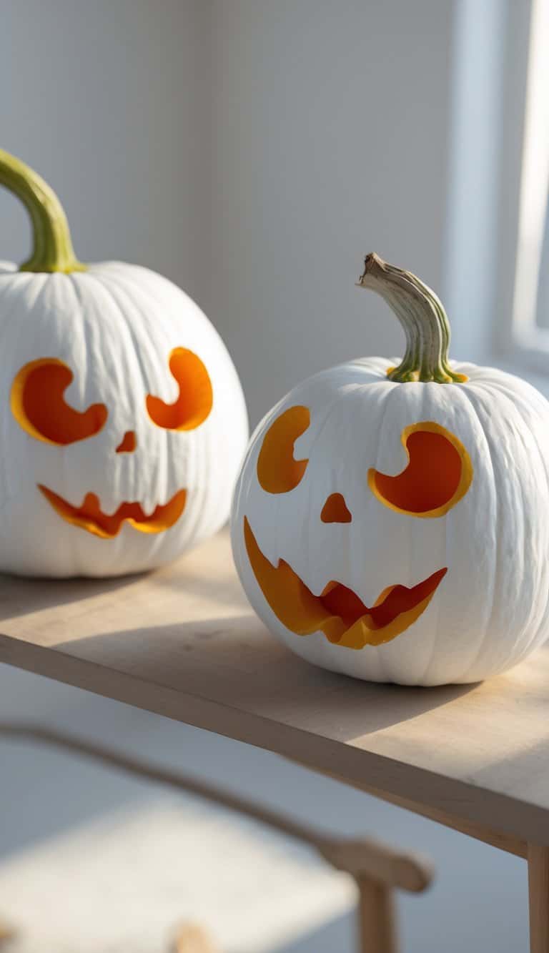 One to two white pumpkins painted with hollow eyes and colorful designs on a clean tabletop.