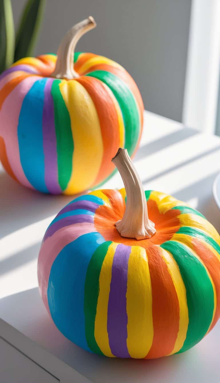 One to two pumpkins painted with bright rainbow stripes placed on a tabletop with soft natural light.