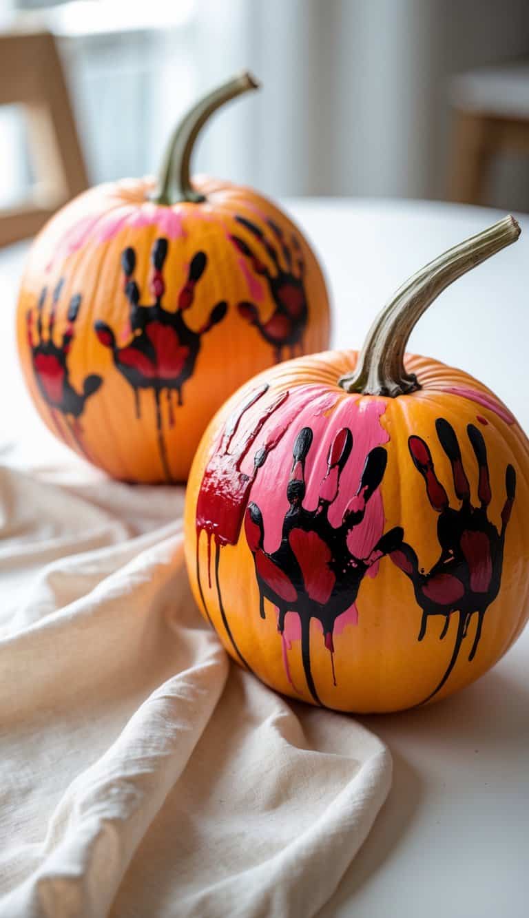 One or two pumpkins painted with red handprints on a tabletop, brightly colored and closely photographed.