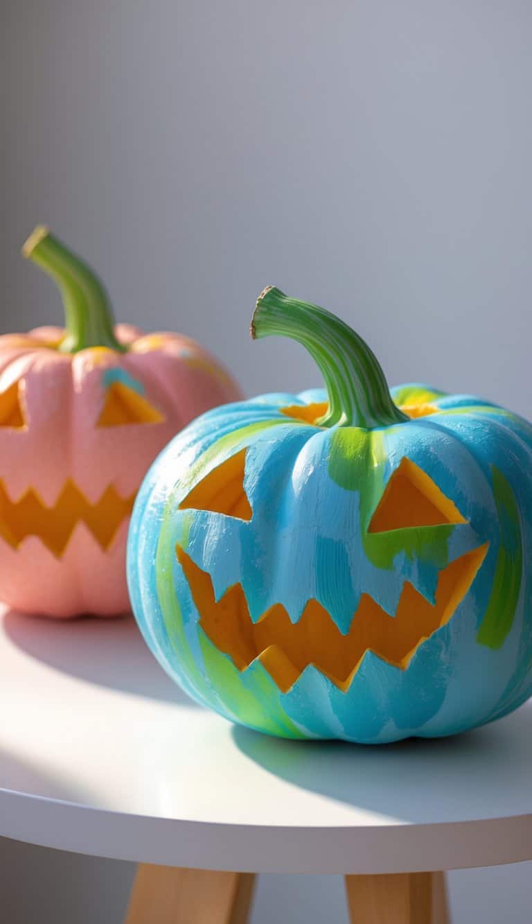 One to two painted pumpkins with jagged smiles placed on a tabletop.