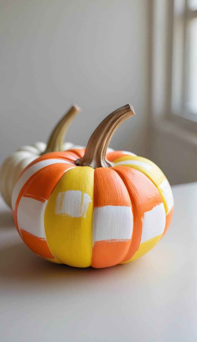 One to two pumpkins painted with bright candy corn colors on a tabletop.