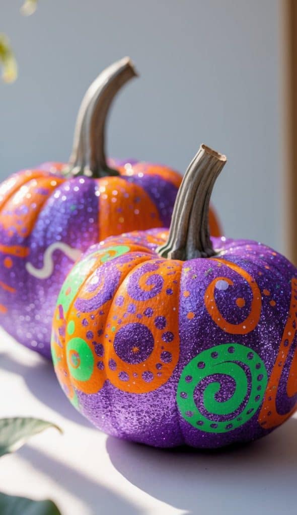 Two pumpkins are painted with purple, orange, and green glittery designs, including swirls and dots, and are displayed on a white surface in bright light.