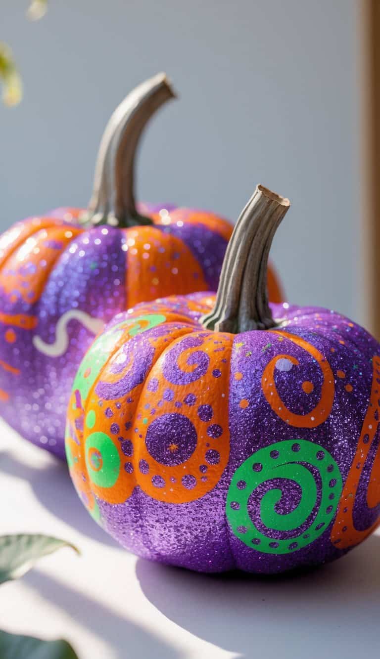 One to two pumpkins painted with glittery, colorful designs on a clean tabletop under soft daylight.