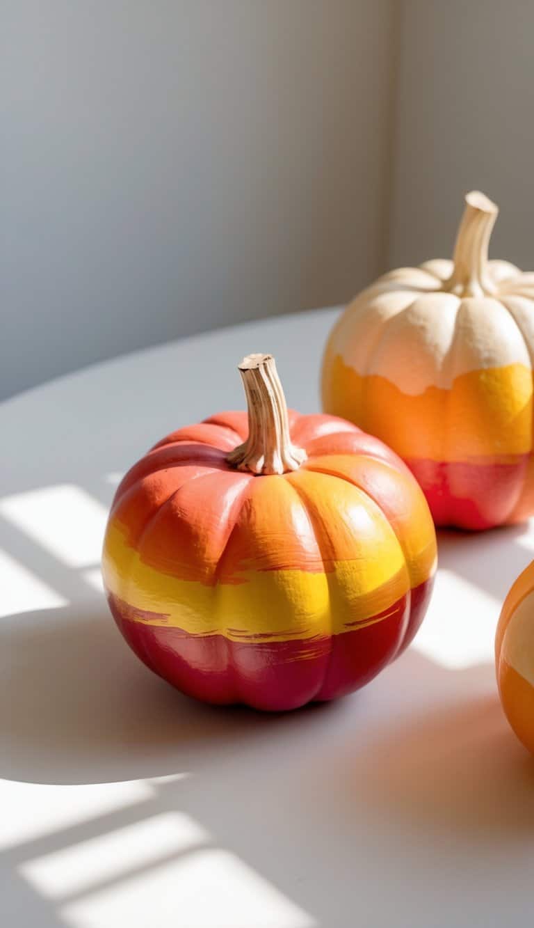 Close-up of one or two pumpkins painted in autumn colors with an ombre effect, placed on a tabletop.