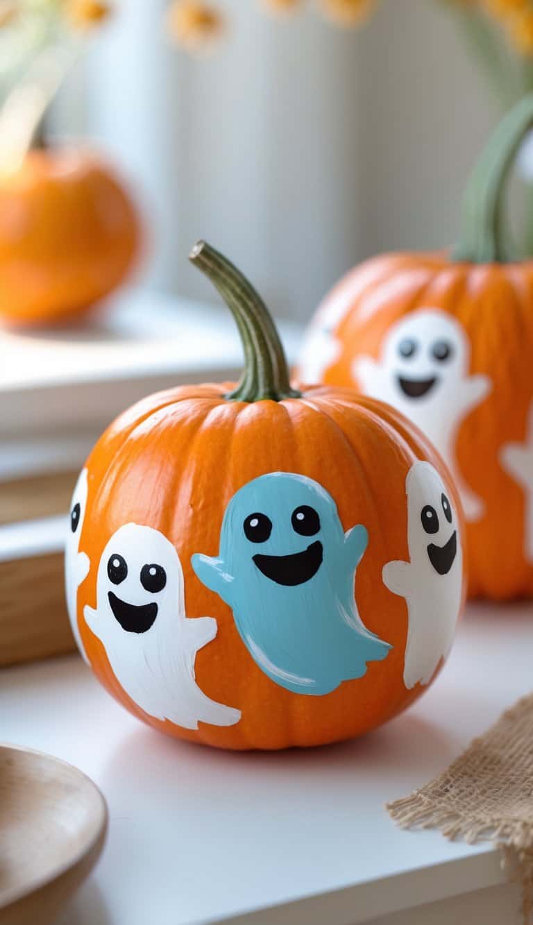One to two brightly painted pumpkins with friendly ghost designs on a clean tabletop.