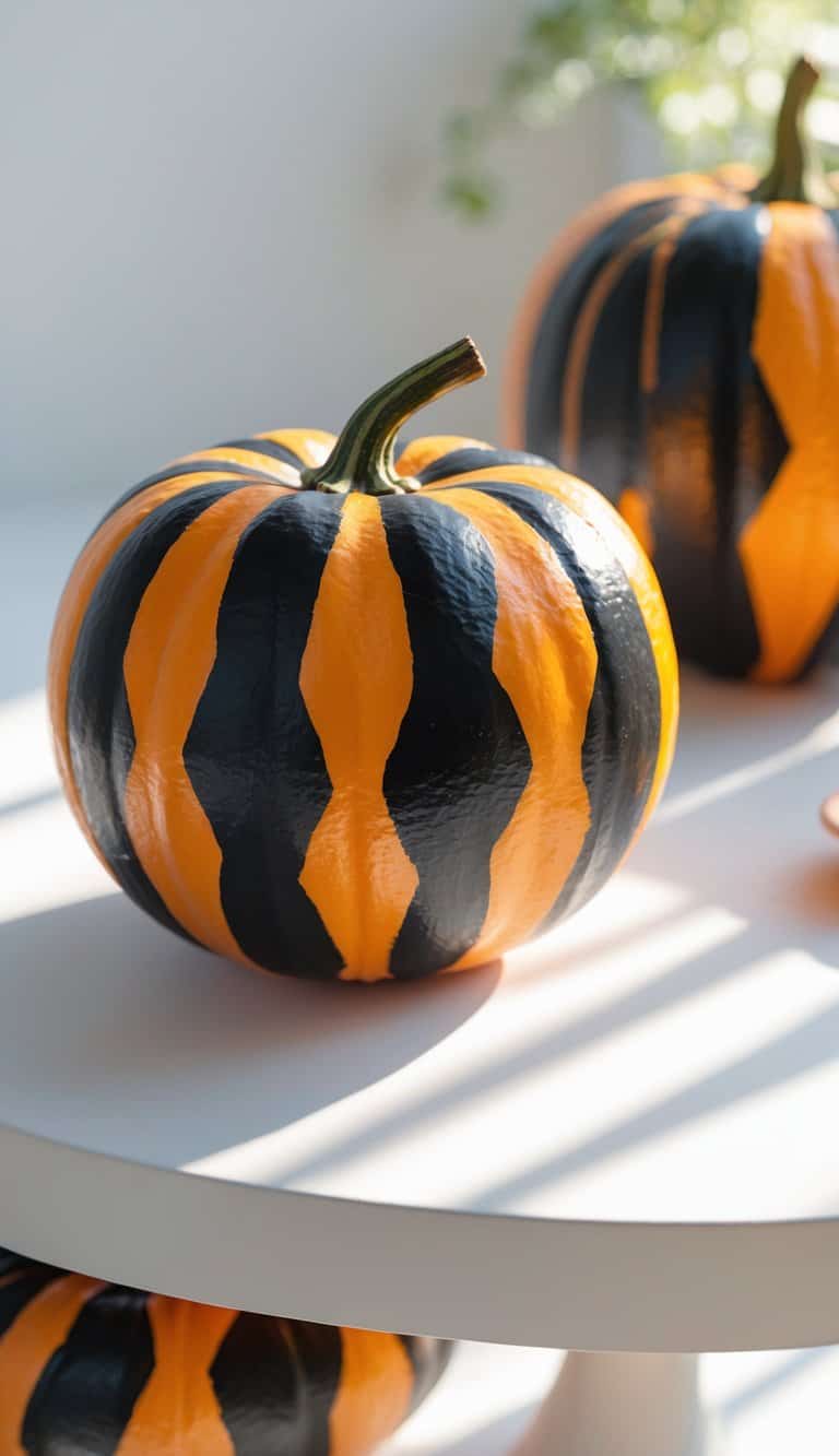 Close-up of one to two pumpkins painted with black and orange chevron patterns on a clean tabletop under soft daylight.