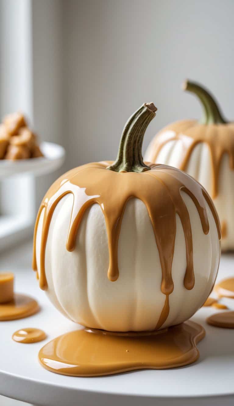 Close-up of one or two pumpkins painted to look like salted caramel ice cream with caramel drizzle on a clean tabletop.