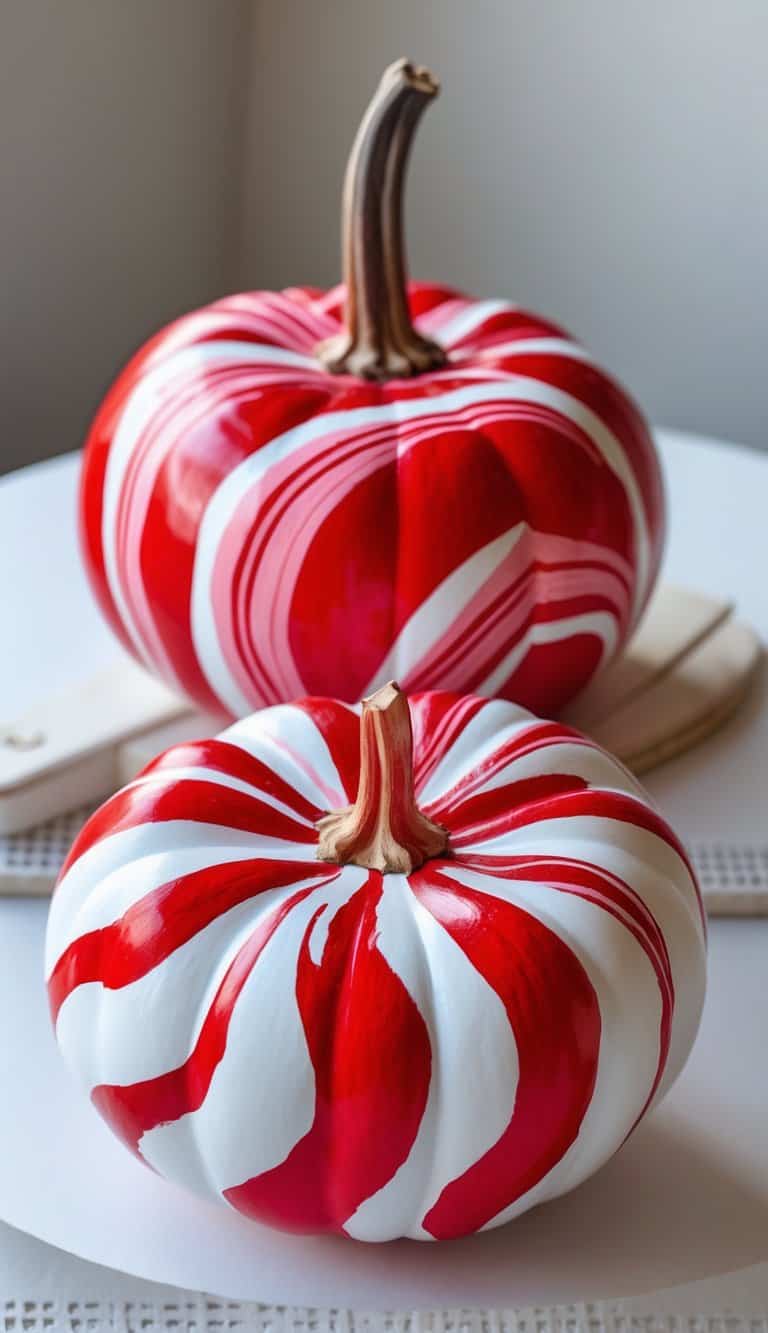 Close-up of one or two pumpkins painted with red and white peppermint swirl patterns on a clean tabletop.
