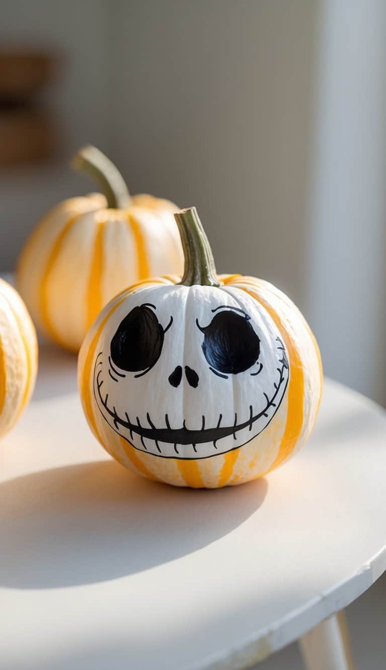 Close-up of one to two small pumpkins painted with Jack Skellington faces on a clean tabletop.