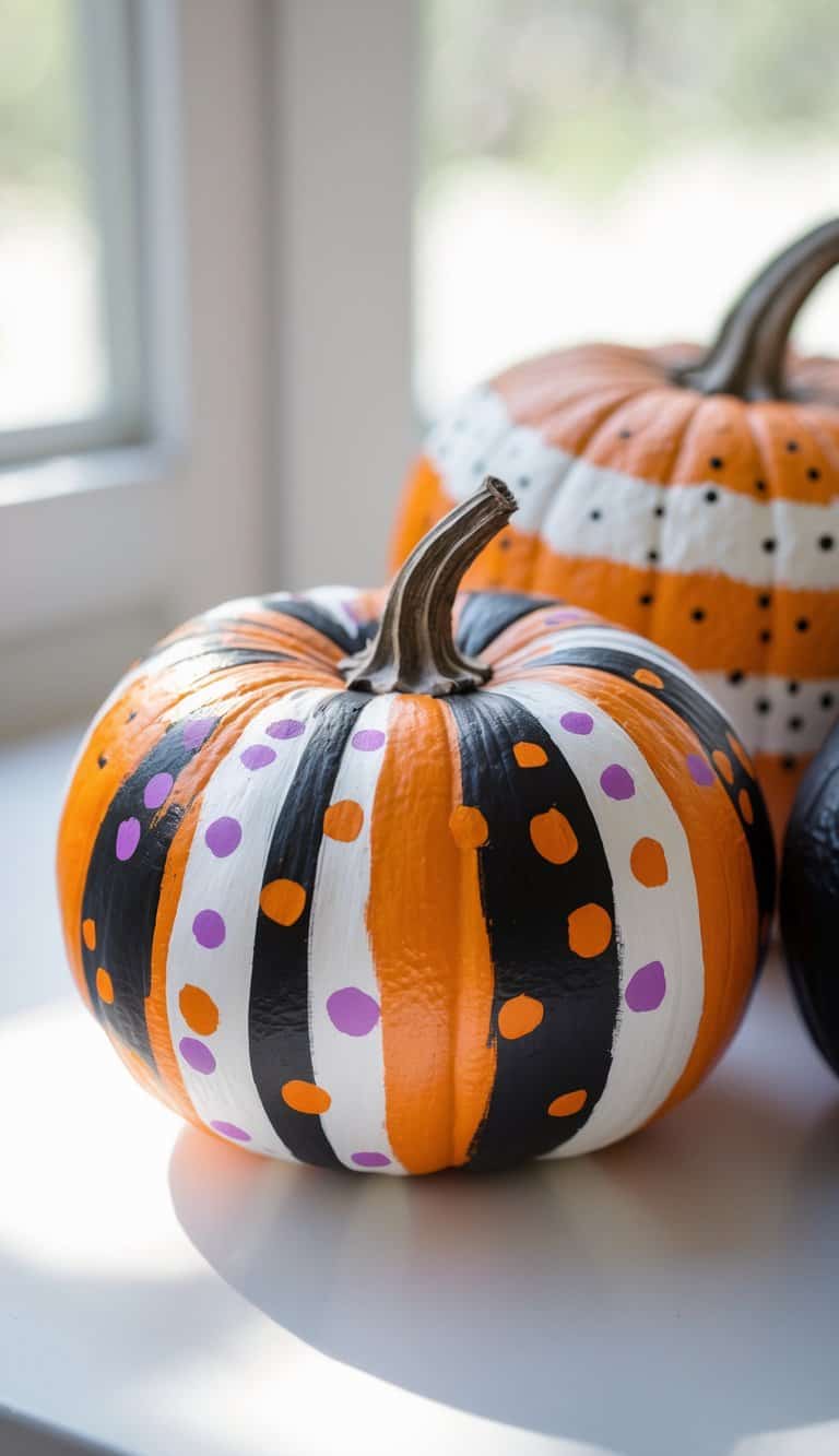 One to two pumpkins painted with colorful polka dots and stripes on a clean tabletop.