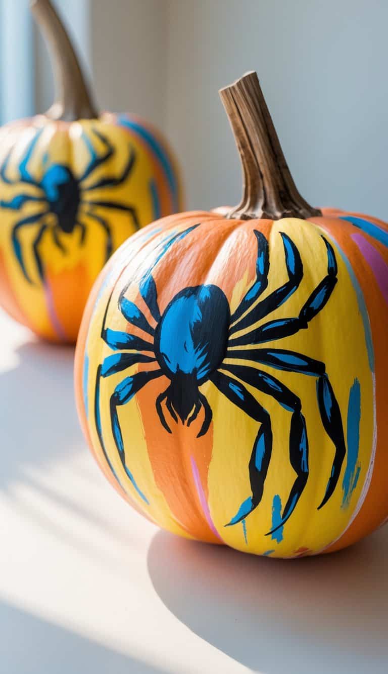 One or two painted pumpkins on a table, decorated with a detailed vintage spider illustration.