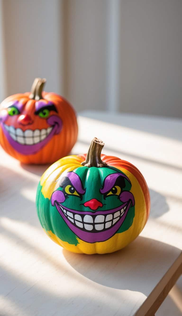 Close-up of one to two small pumpkins painted with colorful, smiling faces sitting on a wooden tabletop.
