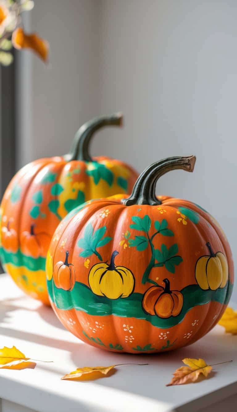 One to two pumpkins painted with colorful autumn pumpkin patch designs on a clean tabletop.
