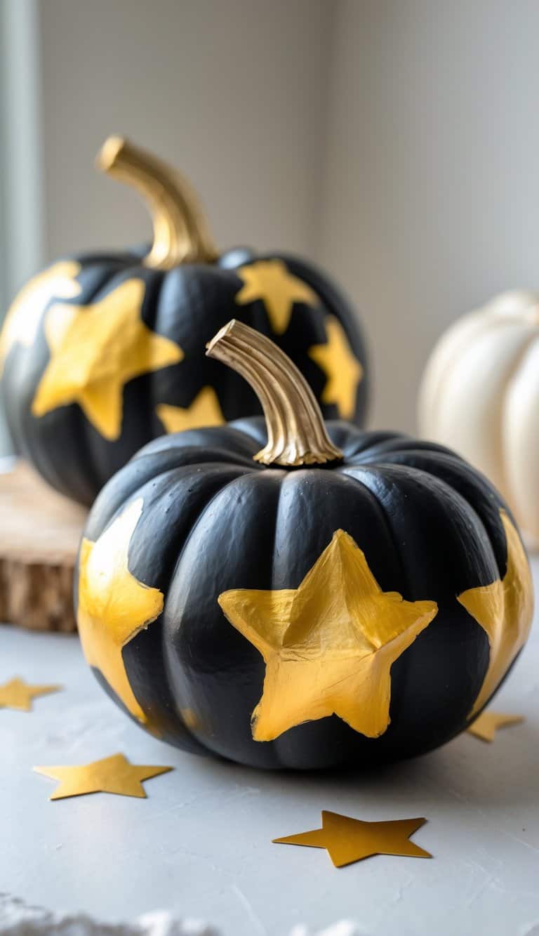 Close-up image of one to two painted pumpkins on a table, featuring a black pumpkin decorated with gold stars.