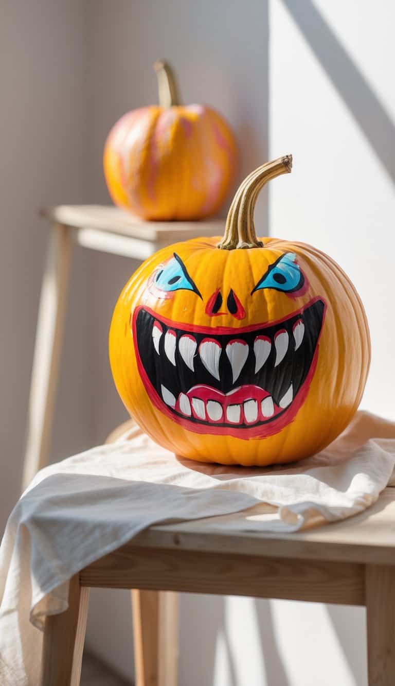 Close-up of one to two pumpkins on a table, painted with a colorful evil laughing face and playful designs.