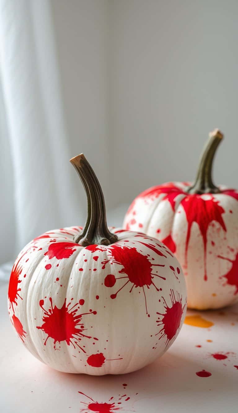 Two white pumpkins with red paint splatters sit on a light surface in a brightly lit room.