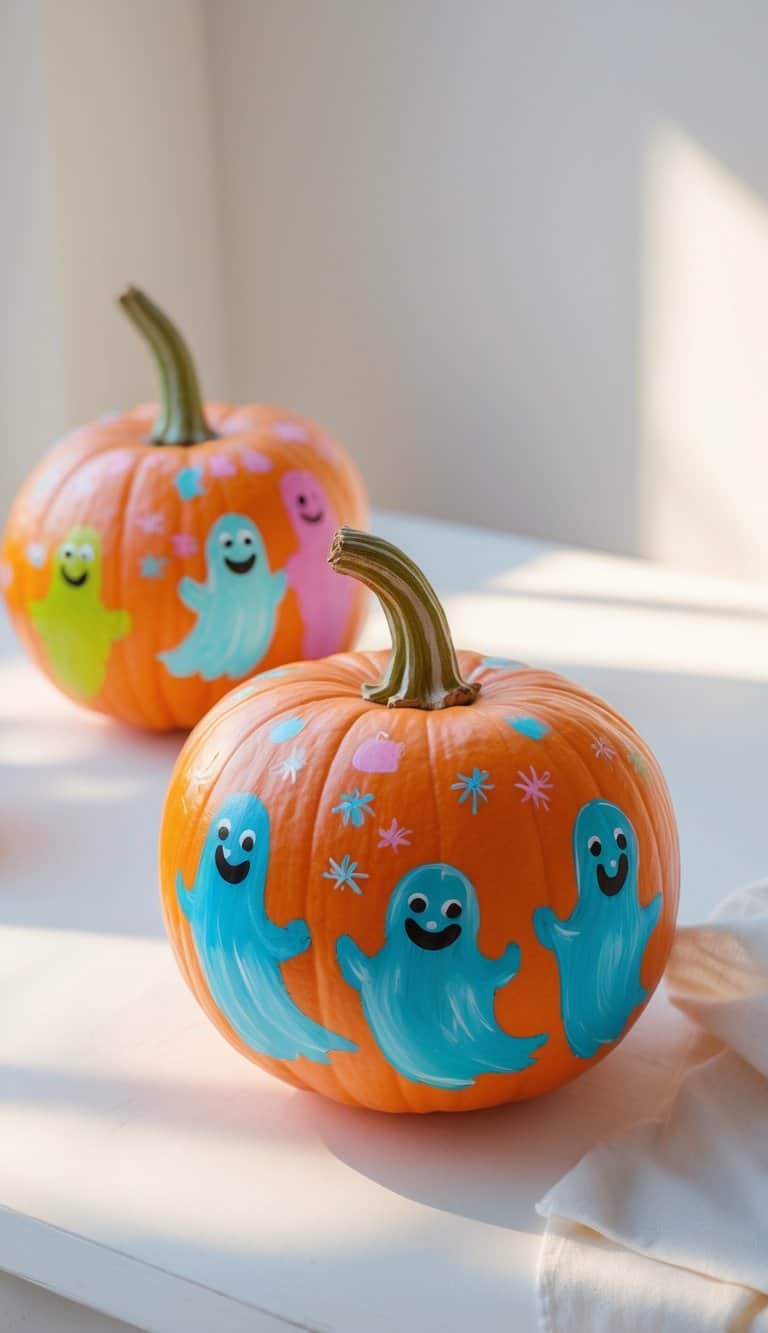 One or two pumpkins painted with smiling ghost family designs on a clean tabletop.
