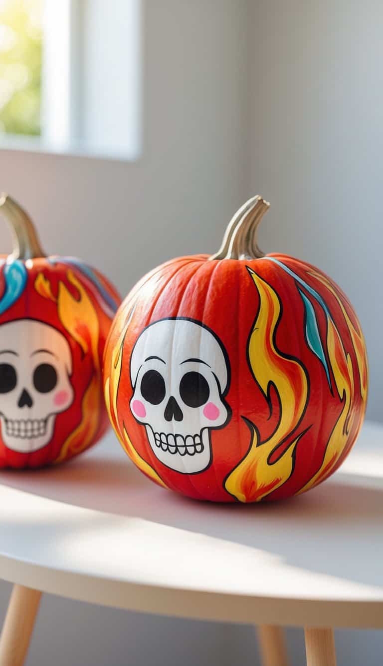 One or two pumpkins painted with colorful flames and skull designs placed on a tabletop with soft daylight.