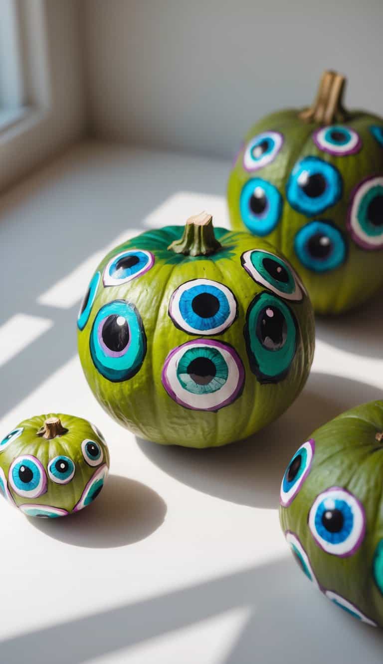Close-up of one or two small painted pumpkins with colorful eye designs on a clean tabletop.