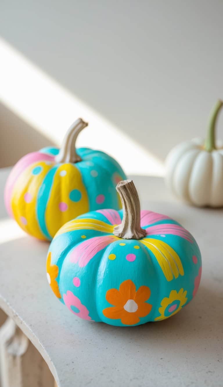 Close-up photograph of one to two small pumpkins painted with bright, playful designs on a tabletop.
