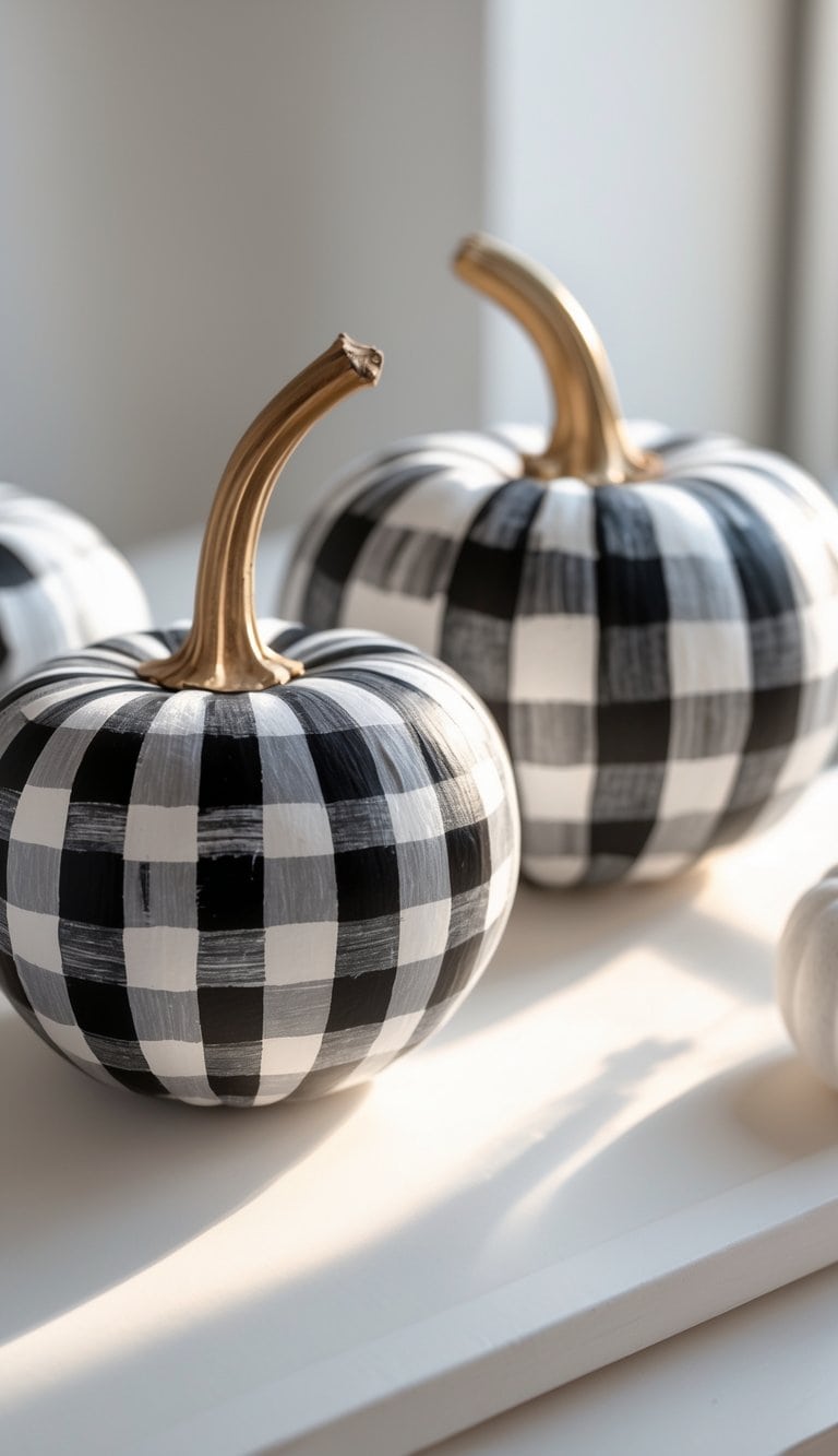 One or two pumpkins painted with a black and white buffalo check pattern, placed on a tabletop with soft natural light.