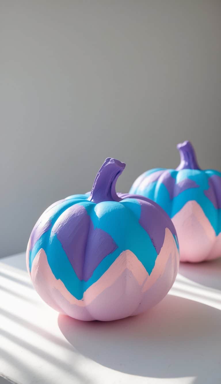 Close-up of one or two foam pumpkins painted with colorful abstract mountain designs on a clean tabletop.