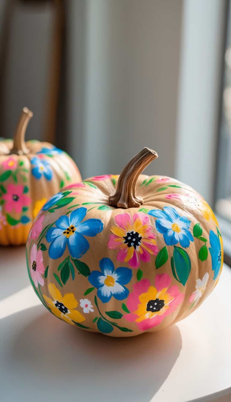 One to two pumpkins on a table painted with colorful flower designs.