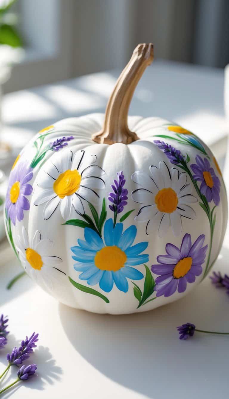 A white pumpkin painted with colorful daisies and lavender flowers on a tabletop.