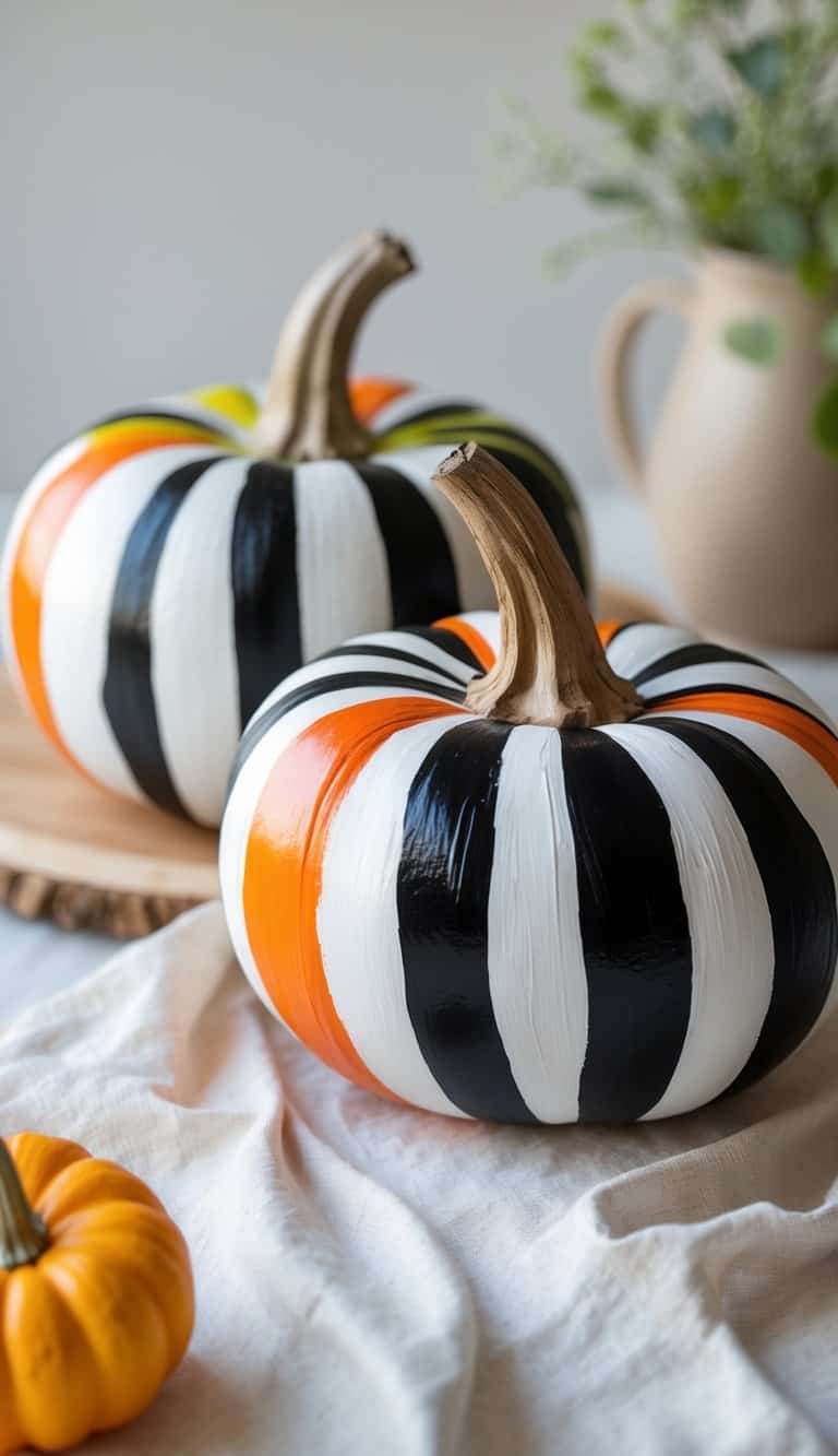 Two pumpkins painted with vertical black, white, and orange stripes sit on a white cloth, with a small unpainted pumpkin and a vase of greenery in the background.