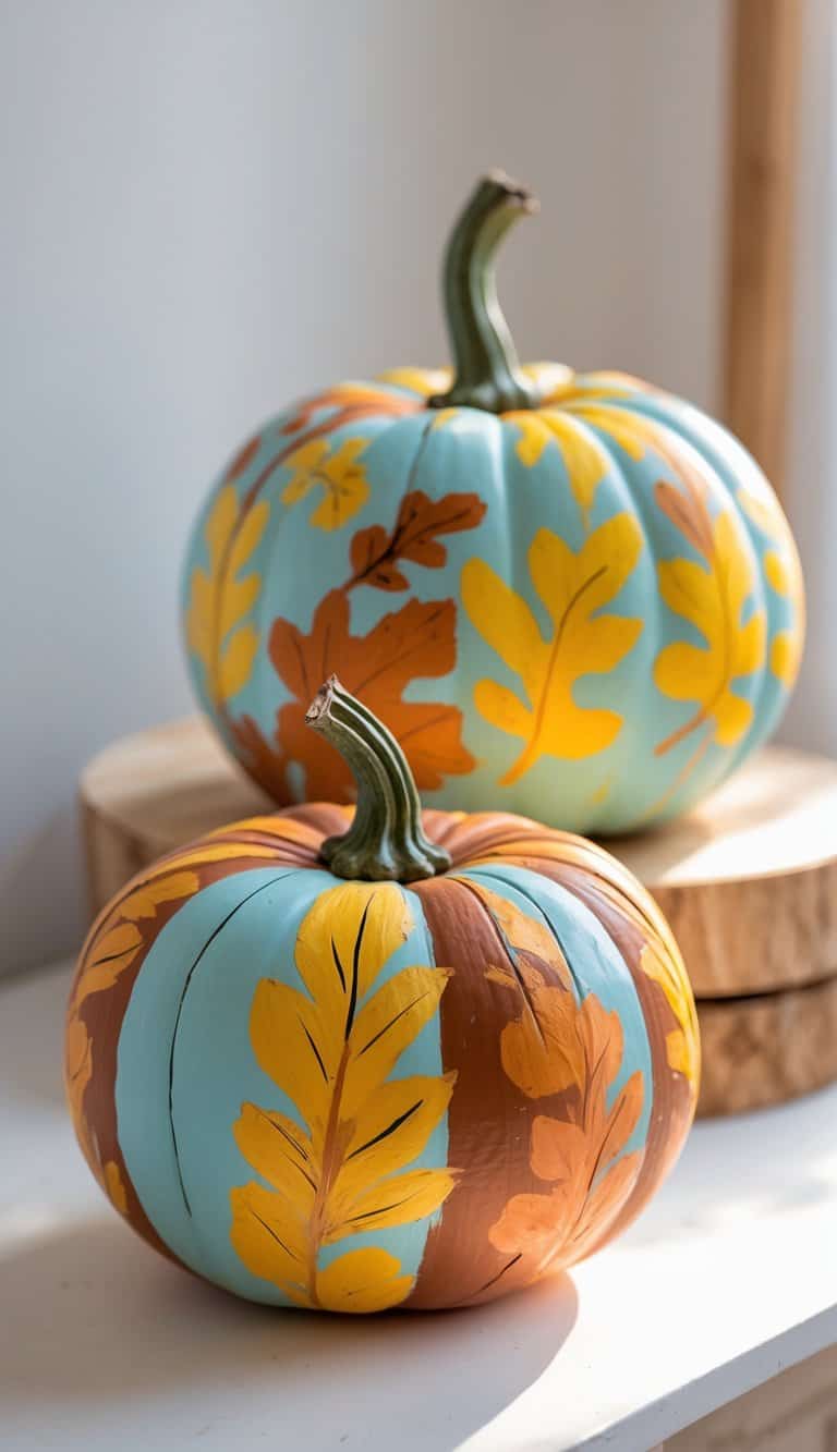 Close-up of one to two painted pumpkins with yellow and orange leaf designs on a tabletop.