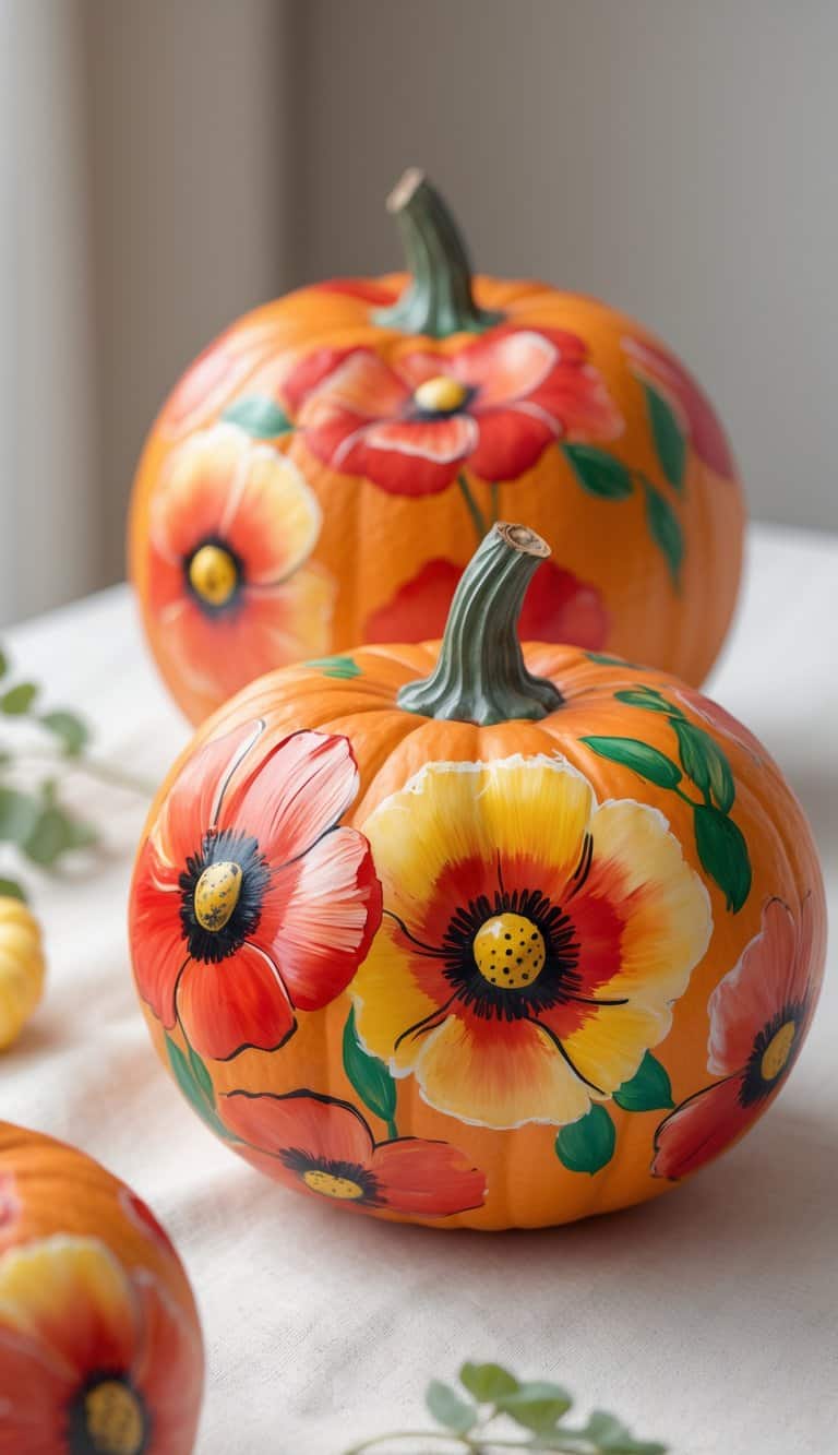 One to two orange pumpkins painted with bright poppies and bees on a clean tabletop.