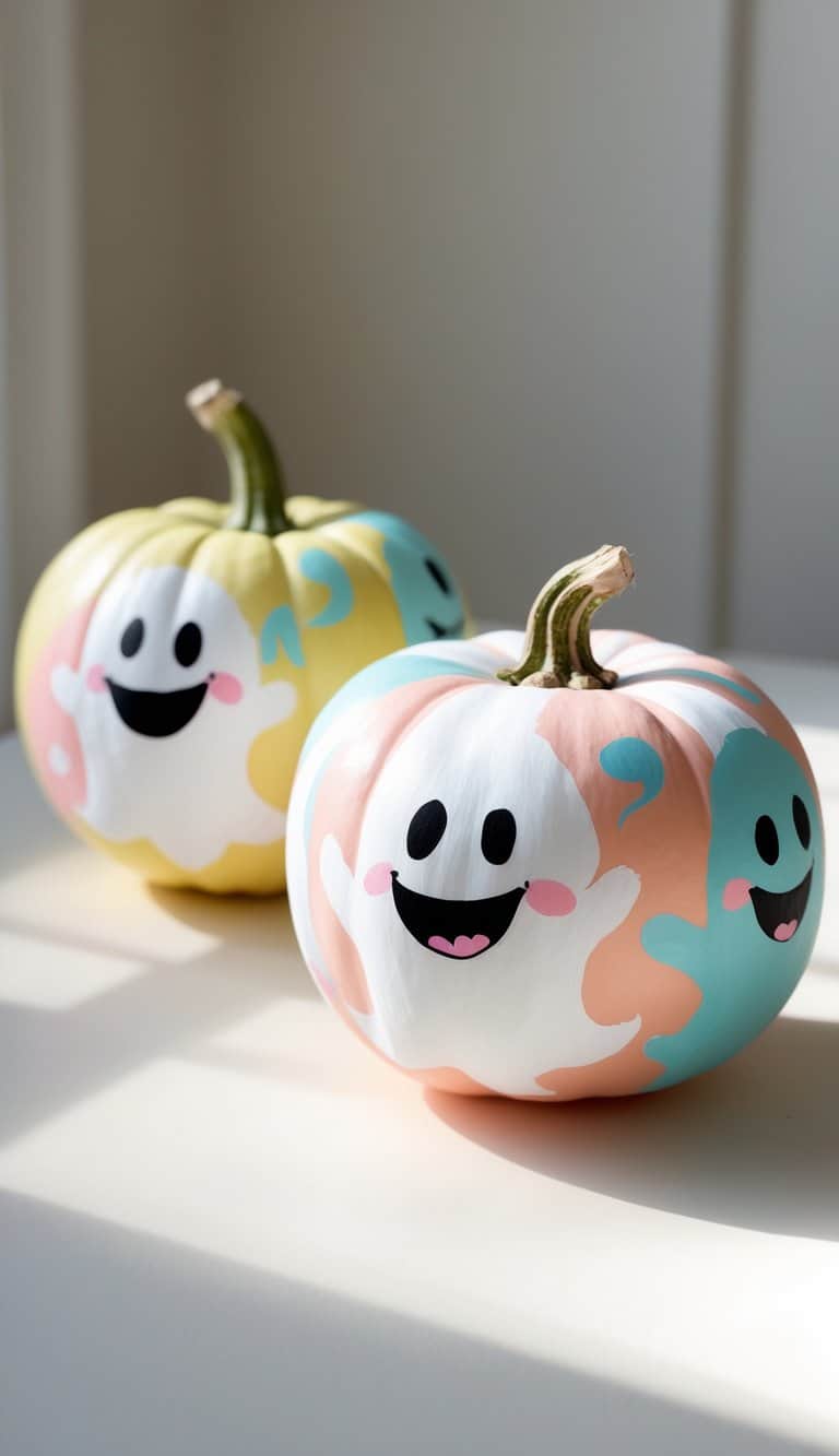 One to two small pumpkins painted with playful ghost faces on a clean tabletop.