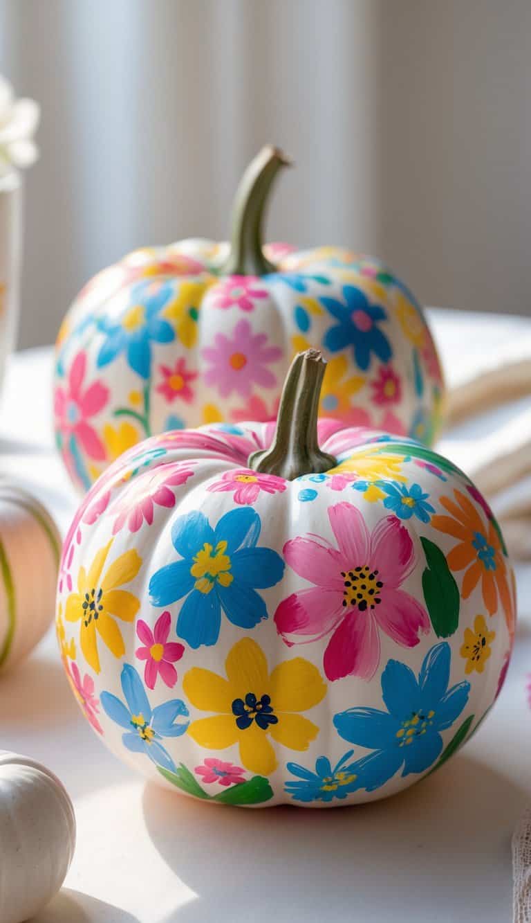 Close-up of one or two pumpkins painted with colorful floral designs on a clean tabletop under soft daylight.