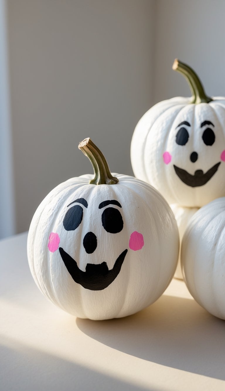 One to two white pumpkins painted with black ghost faces on a tabletop with a clean background.