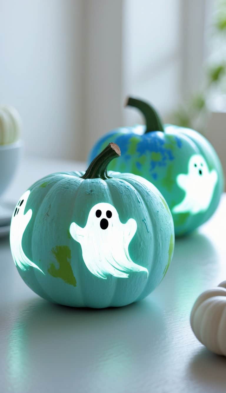 Close-up of one or two small pumpkins painted with colorful glow-in-the-dark ghost designs on a simple tabletop.