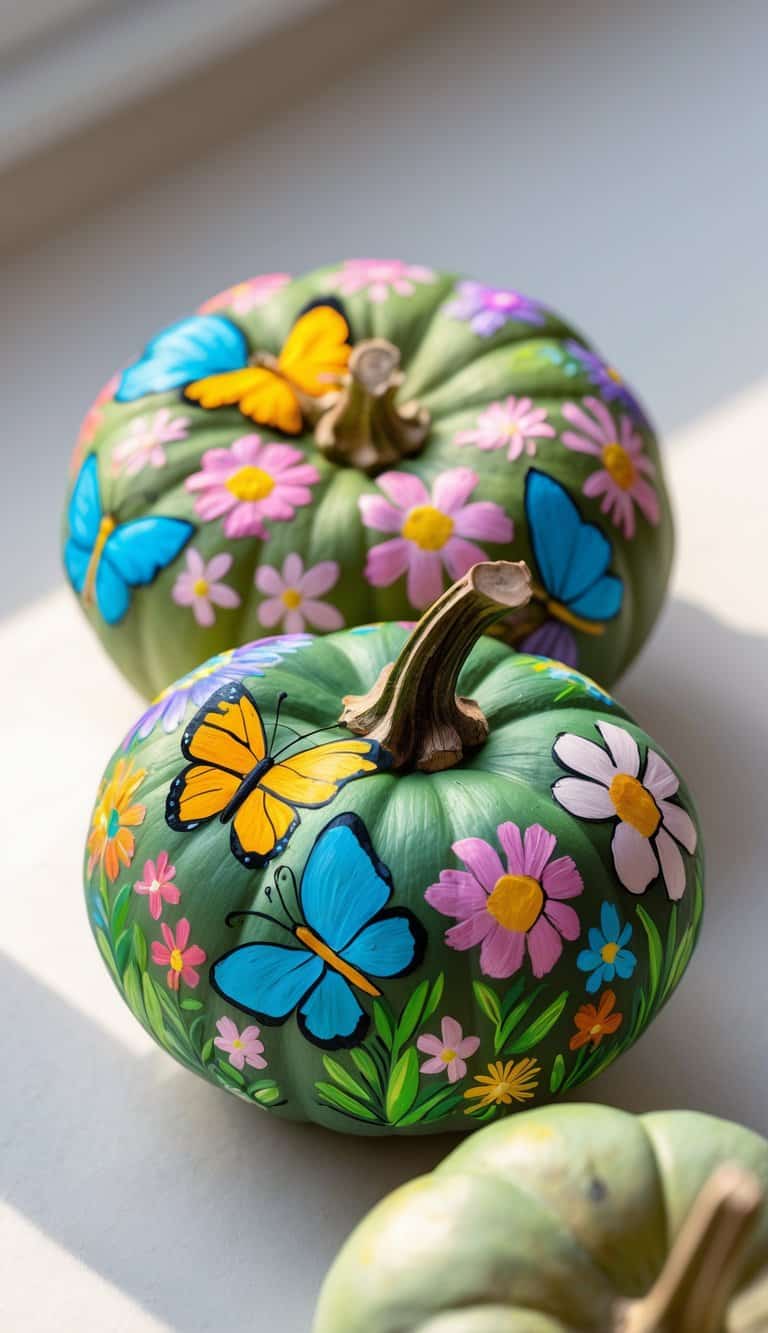 Close-up of one to two small pumpkins painted with colorful butterflies and flowers on a clean tabletop.